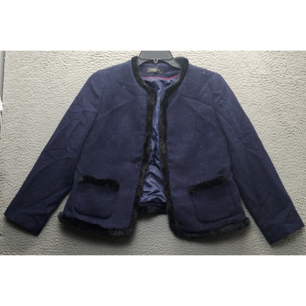 Talbots Blazer Jacket Women PM Navy Speckled Wool Faux Fur Trim Hook & Eye Front